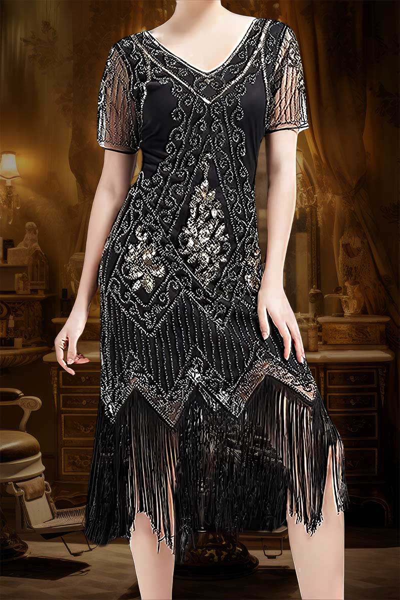 Robe De Bal Années 20 - Style Charleston à Paillettes Et Franges - Soirée Gatsby, Galas, Bal De Fin D'année