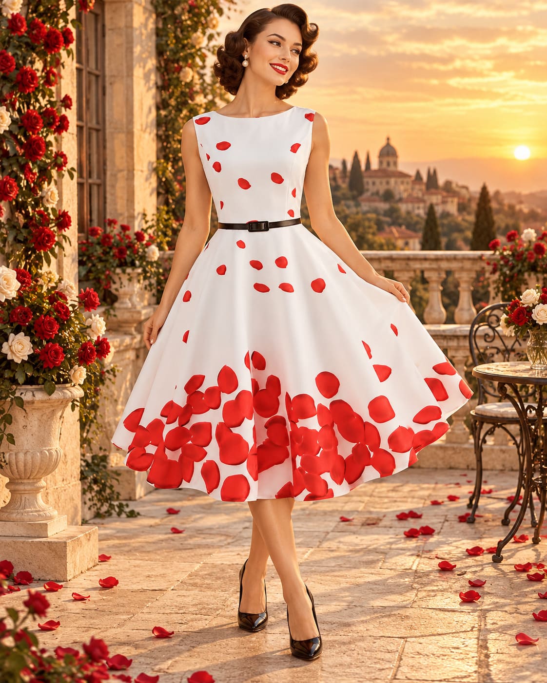 Robe Pin-Up Blanche à Pétales Rouges